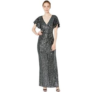 Marina Gunmetal Flutter Sleeve Sequined Formal Evening Dress, 14, Elegant, Party